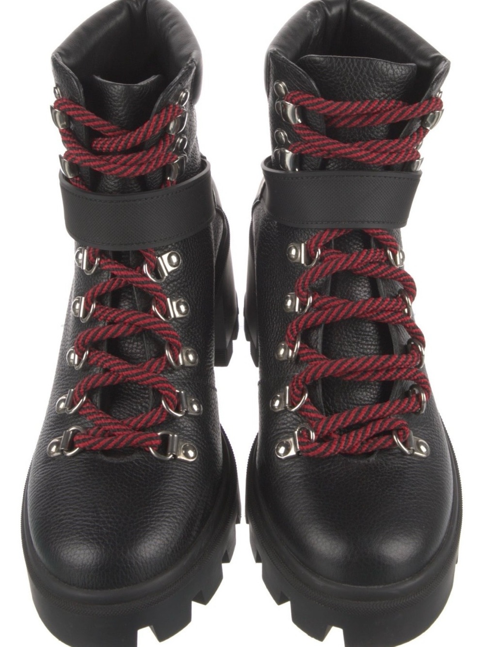 Moncler Black Leather Lace-Up Boots with Red Laces